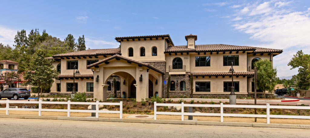 Image is of a Spanish style building in California